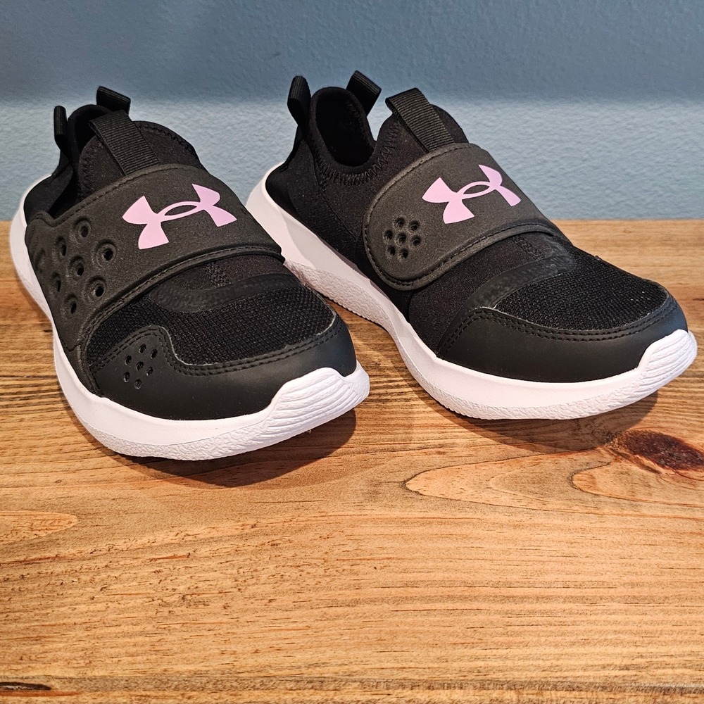 Under Armour Youth Runplay Running Shoes Black Pink Slip On 3024215-001 6Y Girls